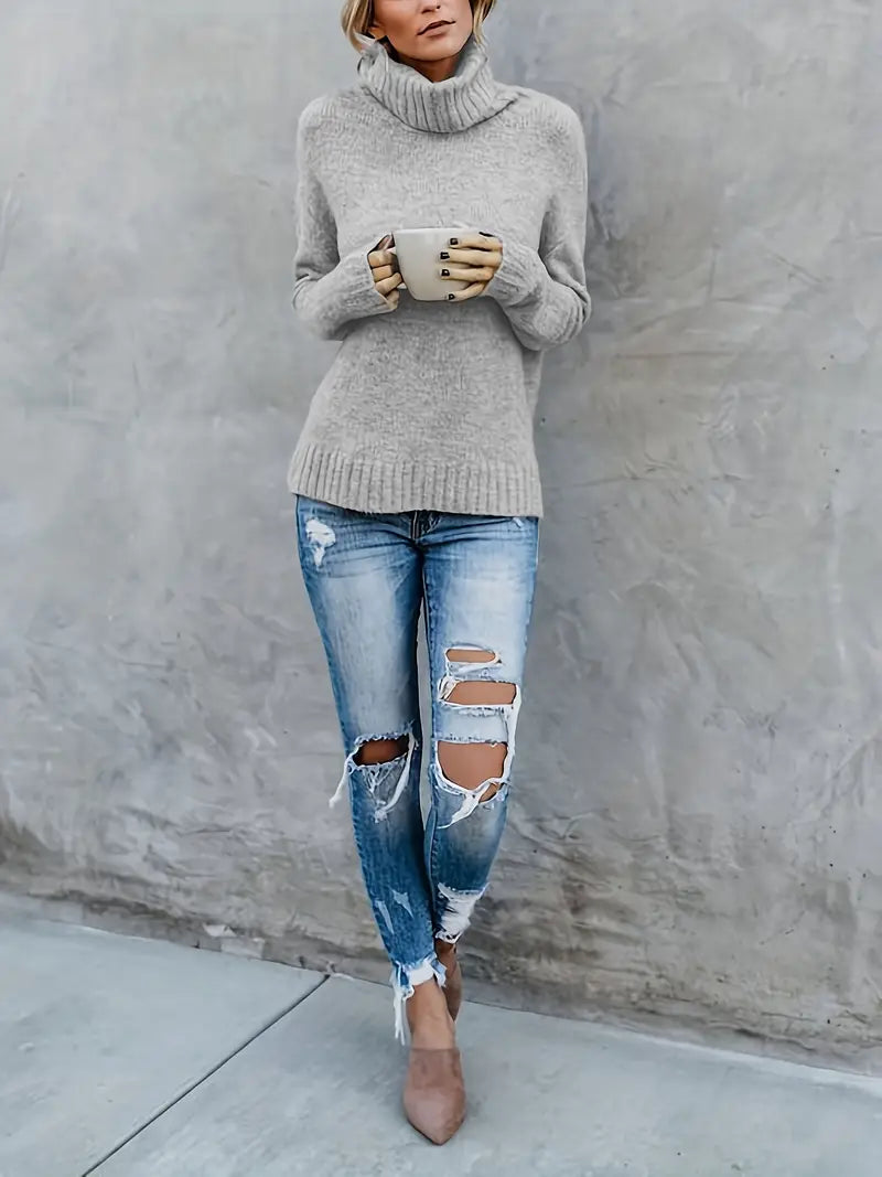 Women Ribbed Knit Turtleneck Sweater