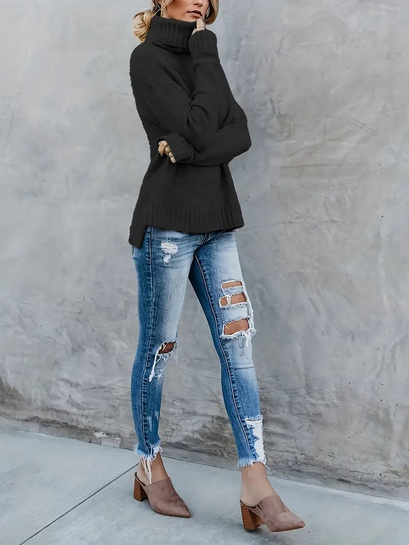 Women Ribbed Knit Turtleneck Sweater