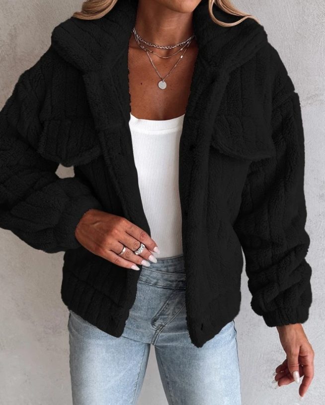 Fleece Button-Down Jacket for Women - Black