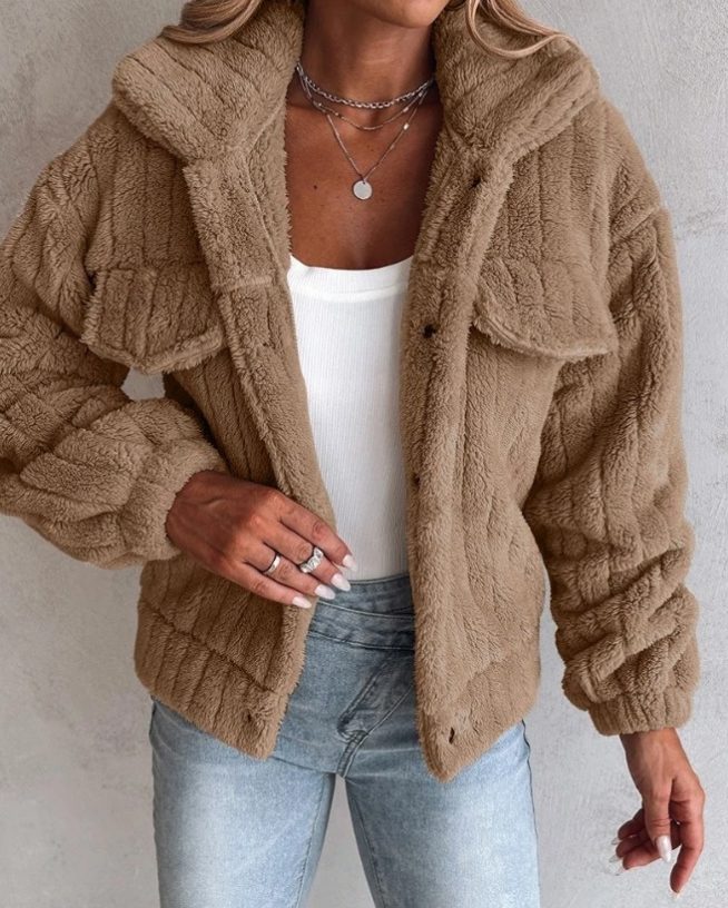 Fleece Button-Down Jacket for Women - Brown