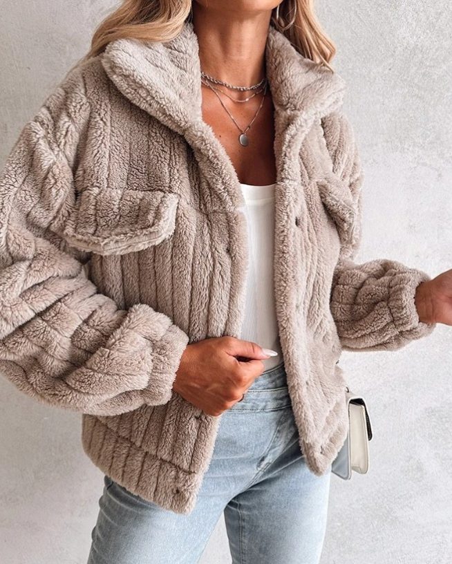 Fleece Button-Down Jacket for Women - Khaki