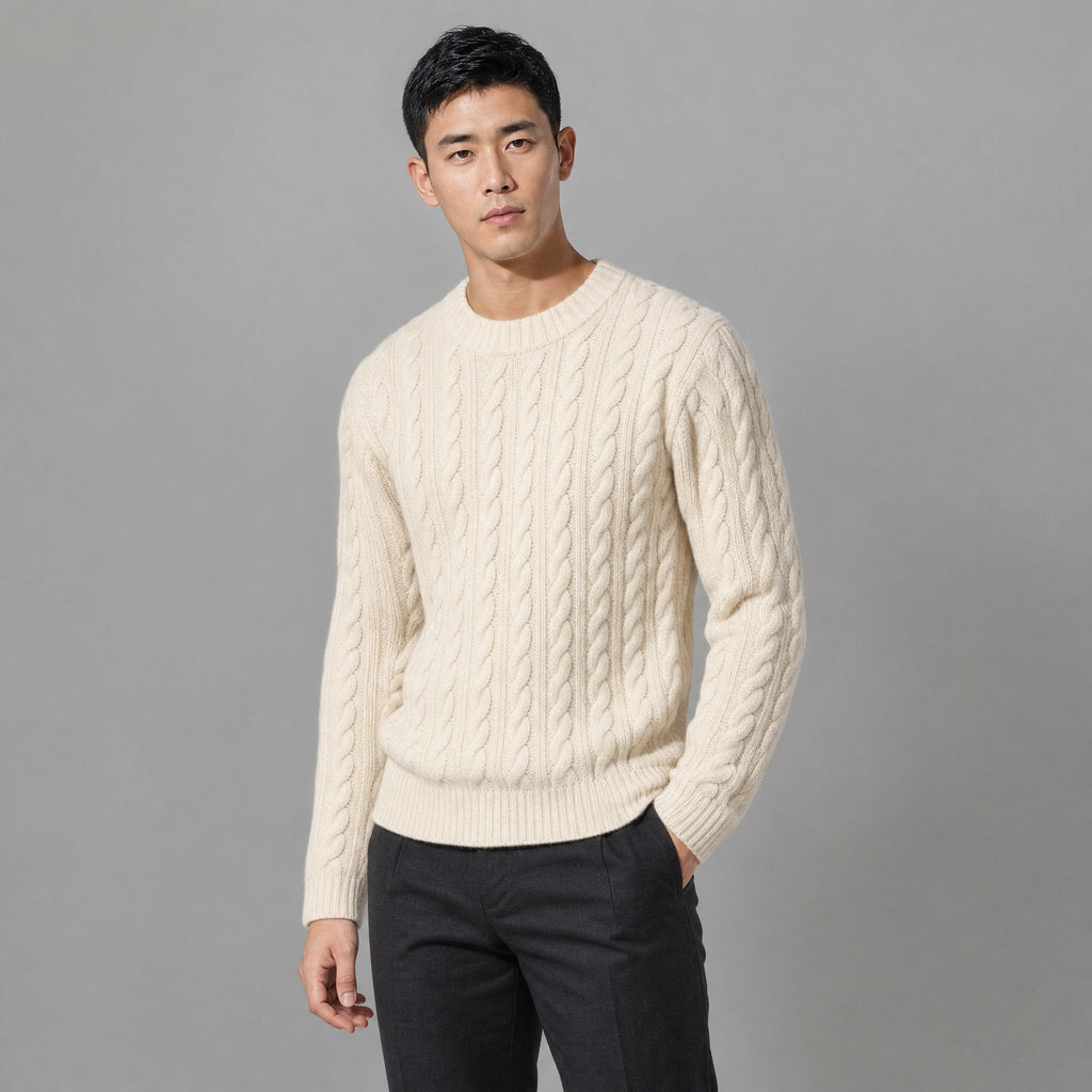 The Cartographer Men's Cable-Knit Crewneck Sweater in Navy Blue, flat lay