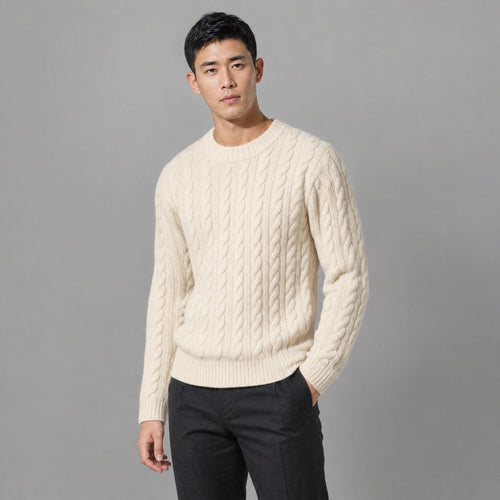 The Cartographer Men's Cable-Knit Crewneck Sweater in Navy Blue, flat lay