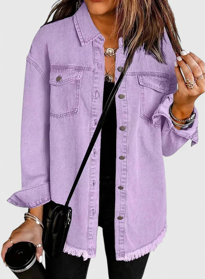 Women's button-front collared denim jacket with frayed hem - Black
