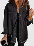 Women's button-front collared denim jacket with frayed hem - Black