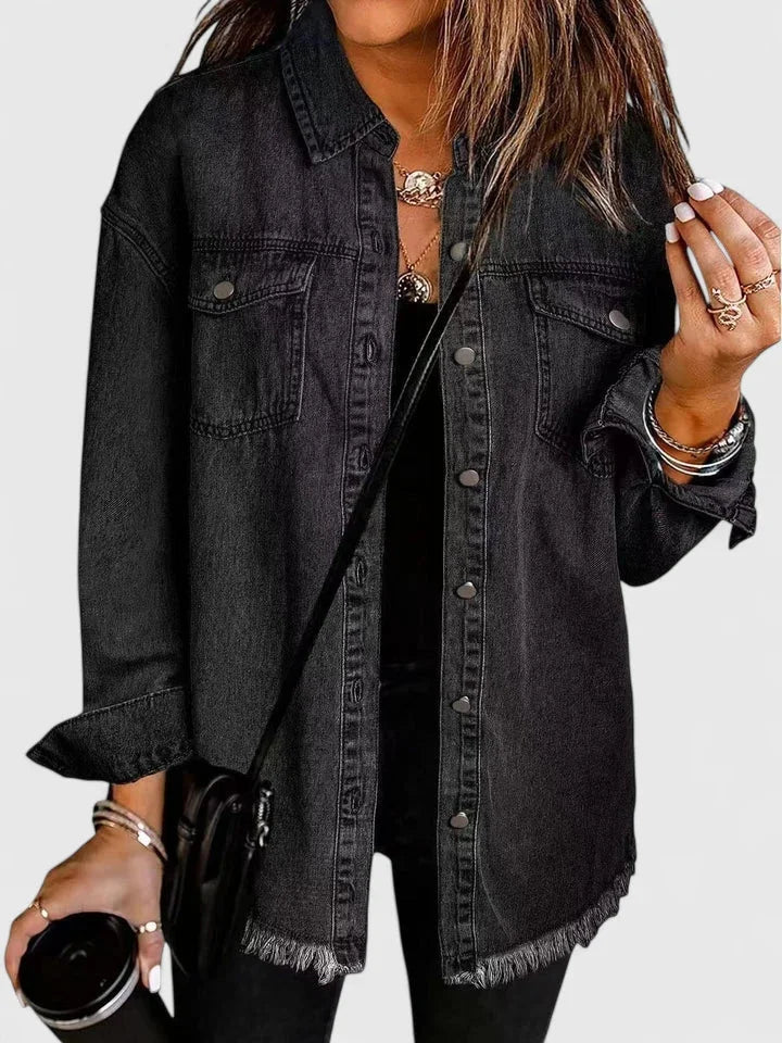 Women's button-front collared denim jacket with frayed hem - Black