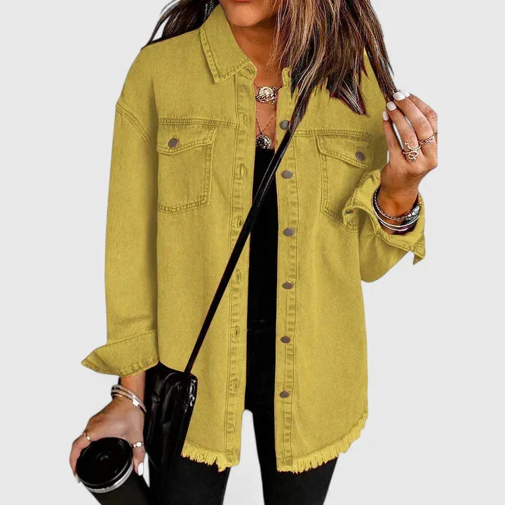 Women's button-front collared denim jacket with frayed hem - Black