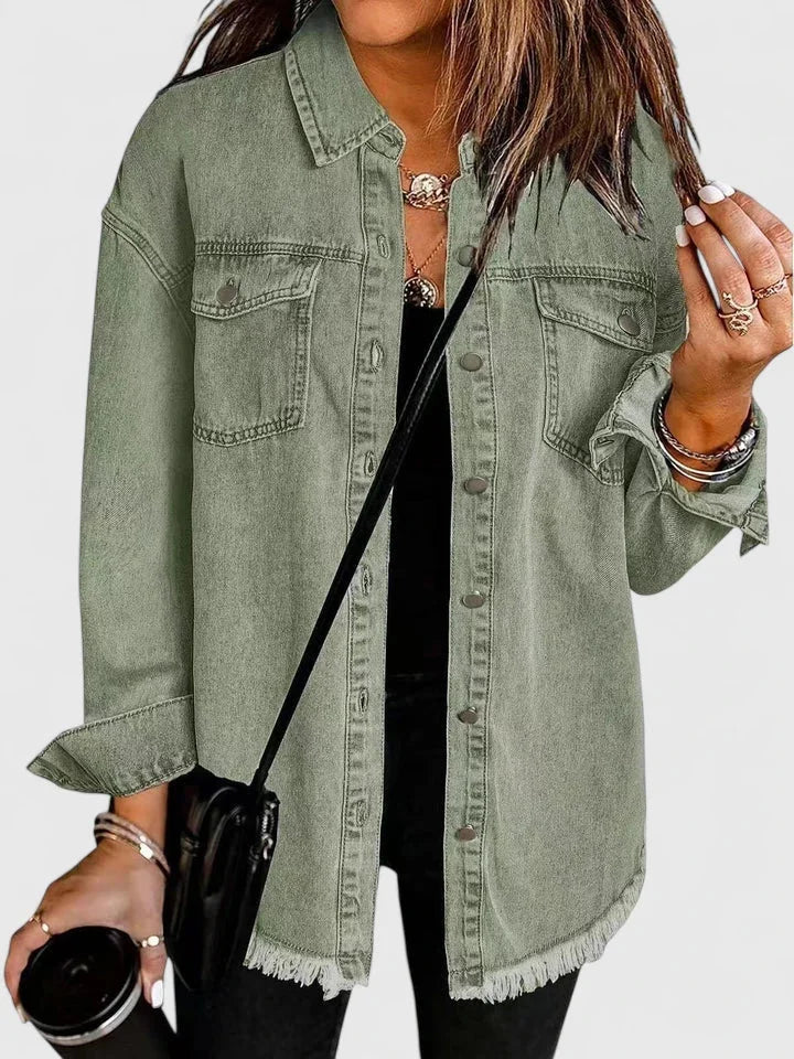 Women's button-front collared denim jacket with frayed hem - Black