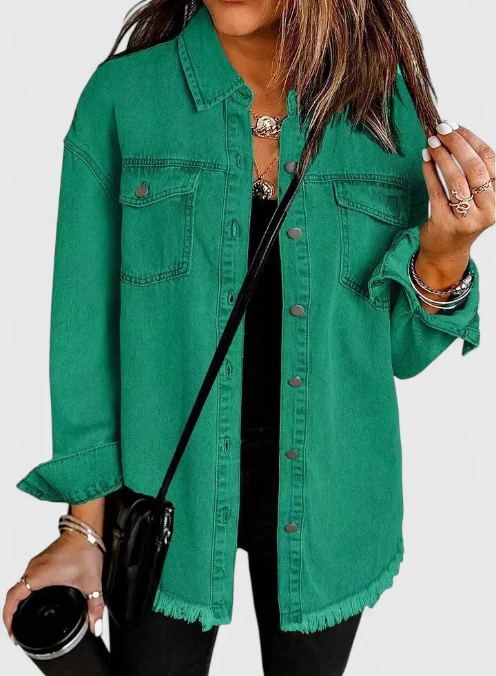 Women's button-front collared denim jacket with frayed hem - Black