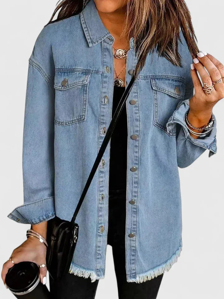 Women's button-front collared denim jacket with frayed hem - Black