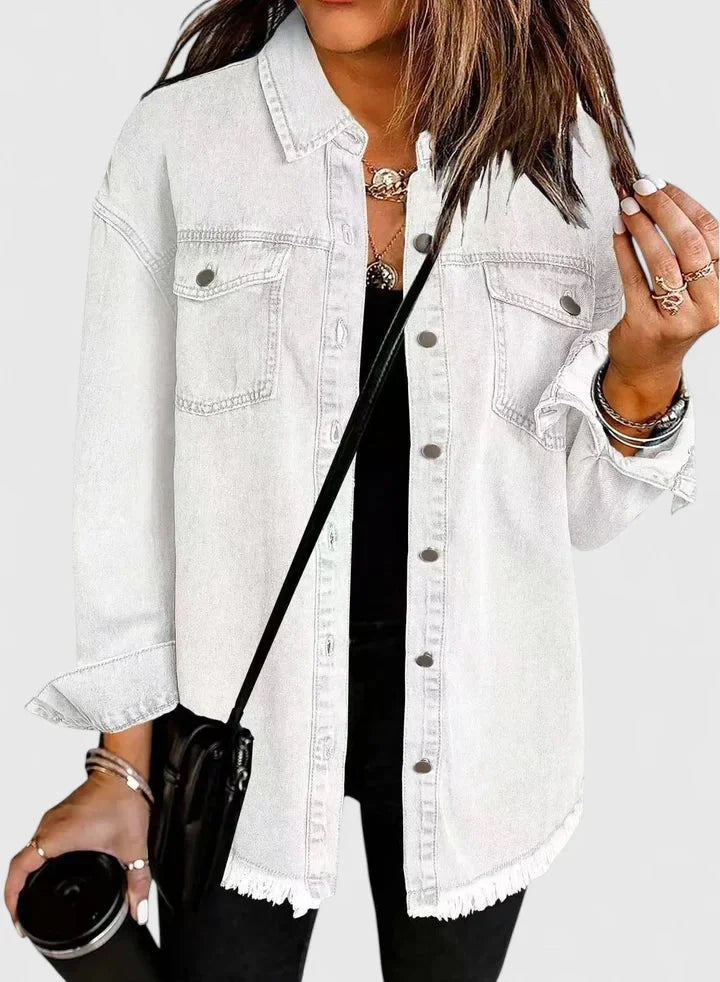 Women's button-front collared denim jacket with frayed hem - Black