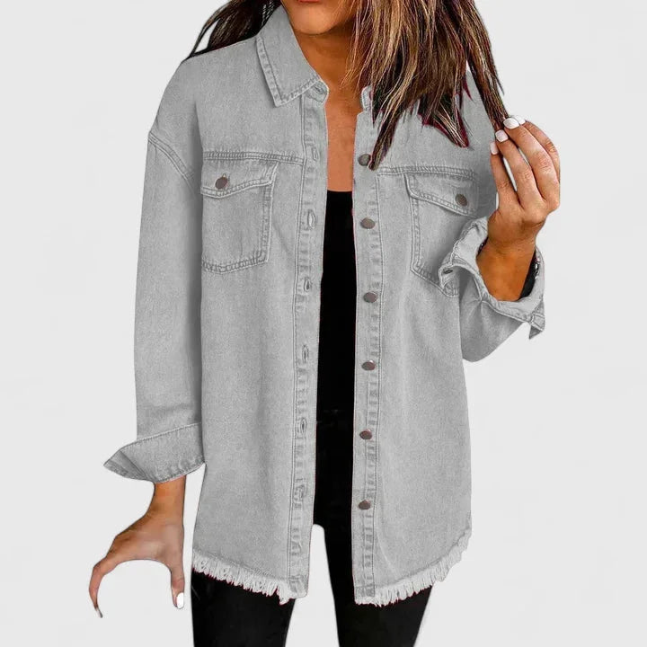 Women's button-front collared denim jacket with frayed hem - Black