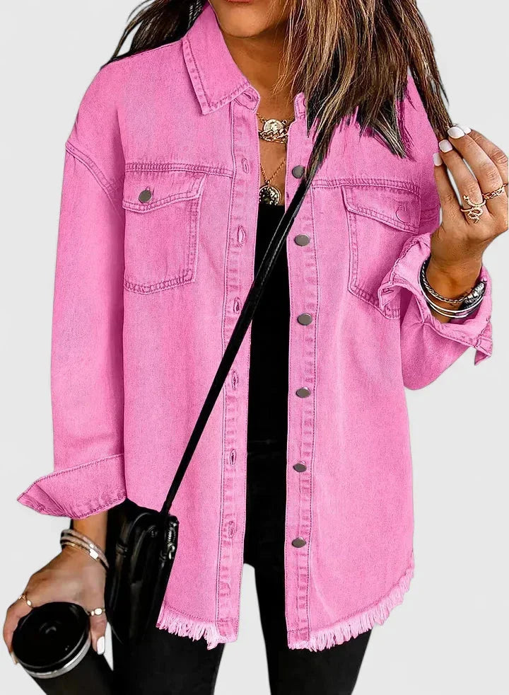 Women's button-front collared denim jacket with frayed hem - Black