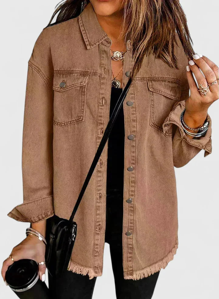 Women's button-front collared denim jacket with frayed hem - Black