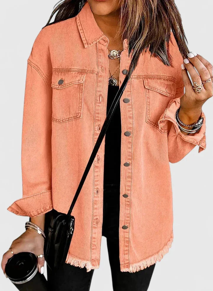 Women's button-front collared denim jacket with frayed hem - Black