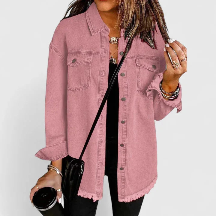 Women's button-front collared denim jacket with frayed hem - Black