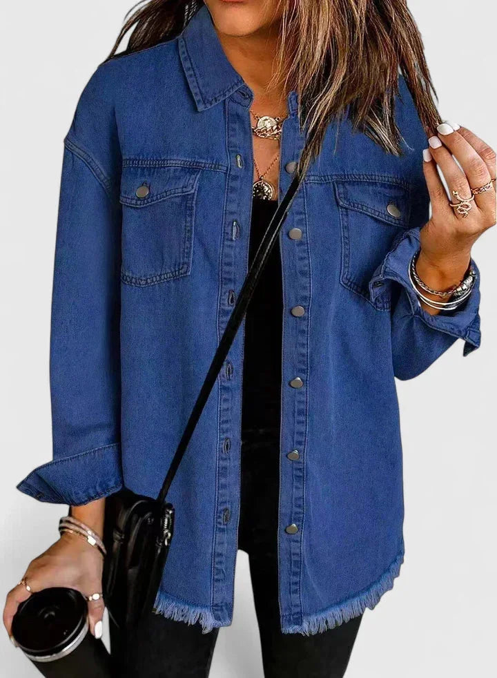 Women's button-front collared denim jacket with frayed hem - Black