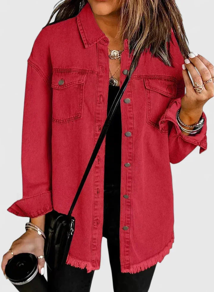 Women's button-front collared denim jacket with frayed hem - Black
