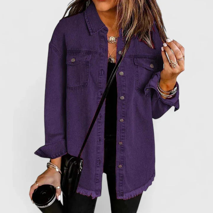Women's button-front collared denim jacket with frayed hem - Black