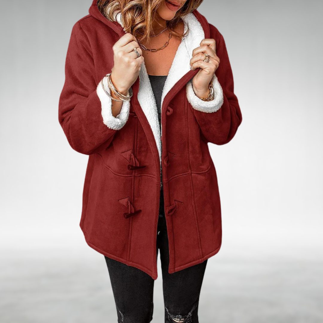 Hooded Fleece-Lined Long Winter Coat for Women - Burgundy