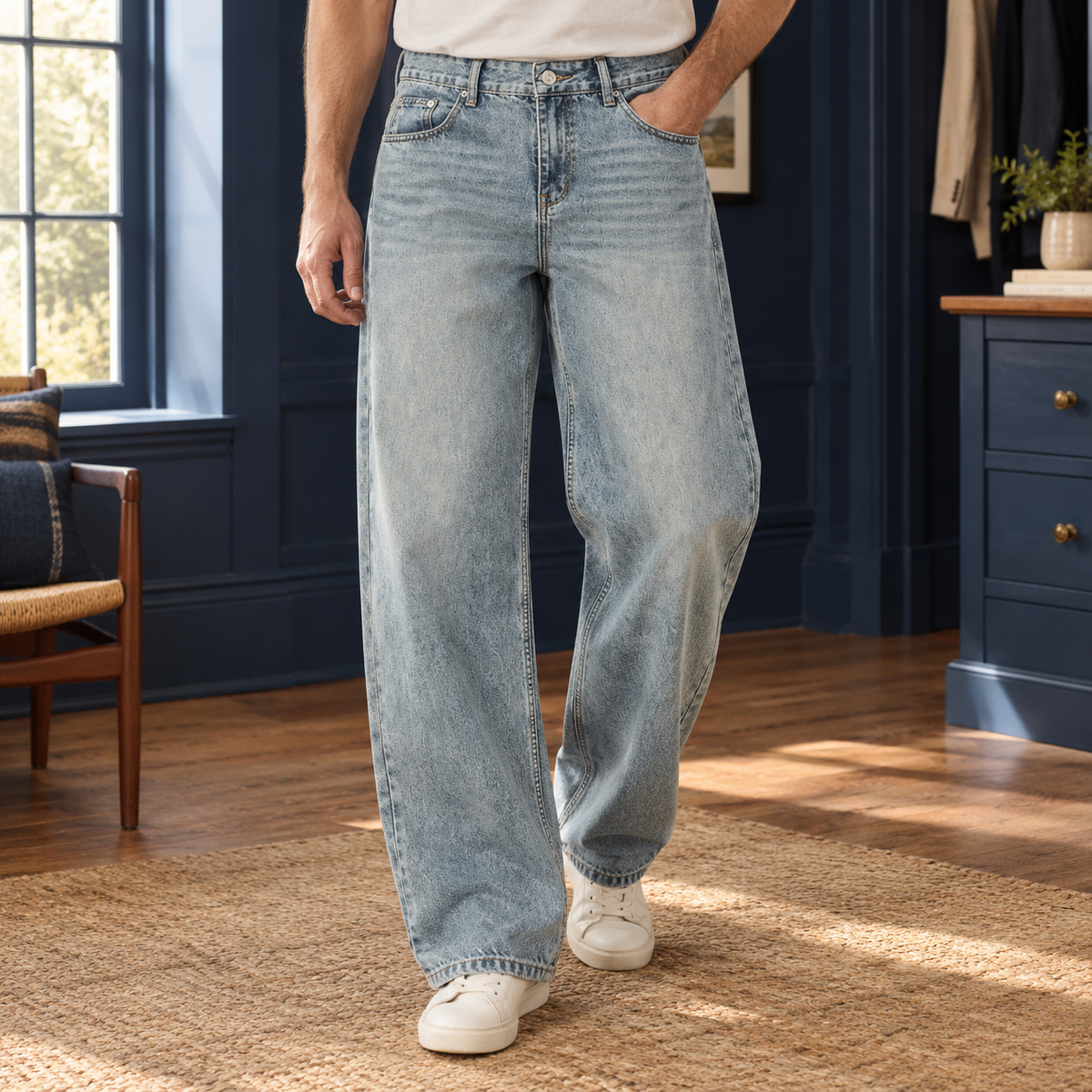 Men High Rise Wide Leg Jeans