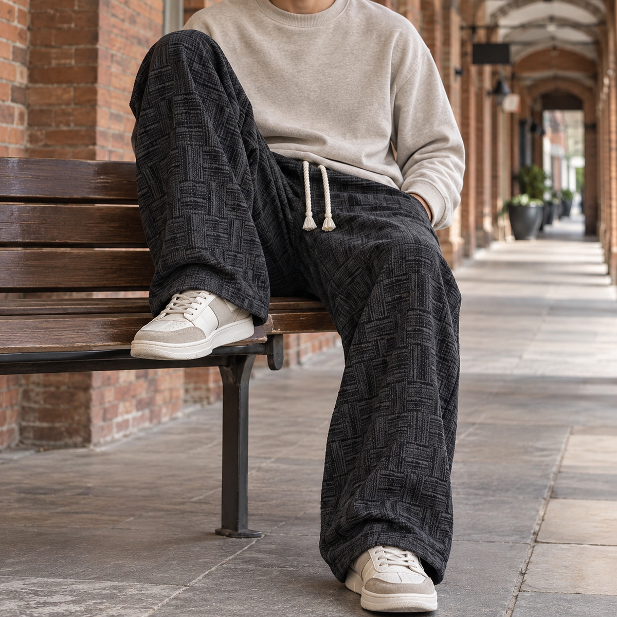 Men Textured Wide Leg Pants