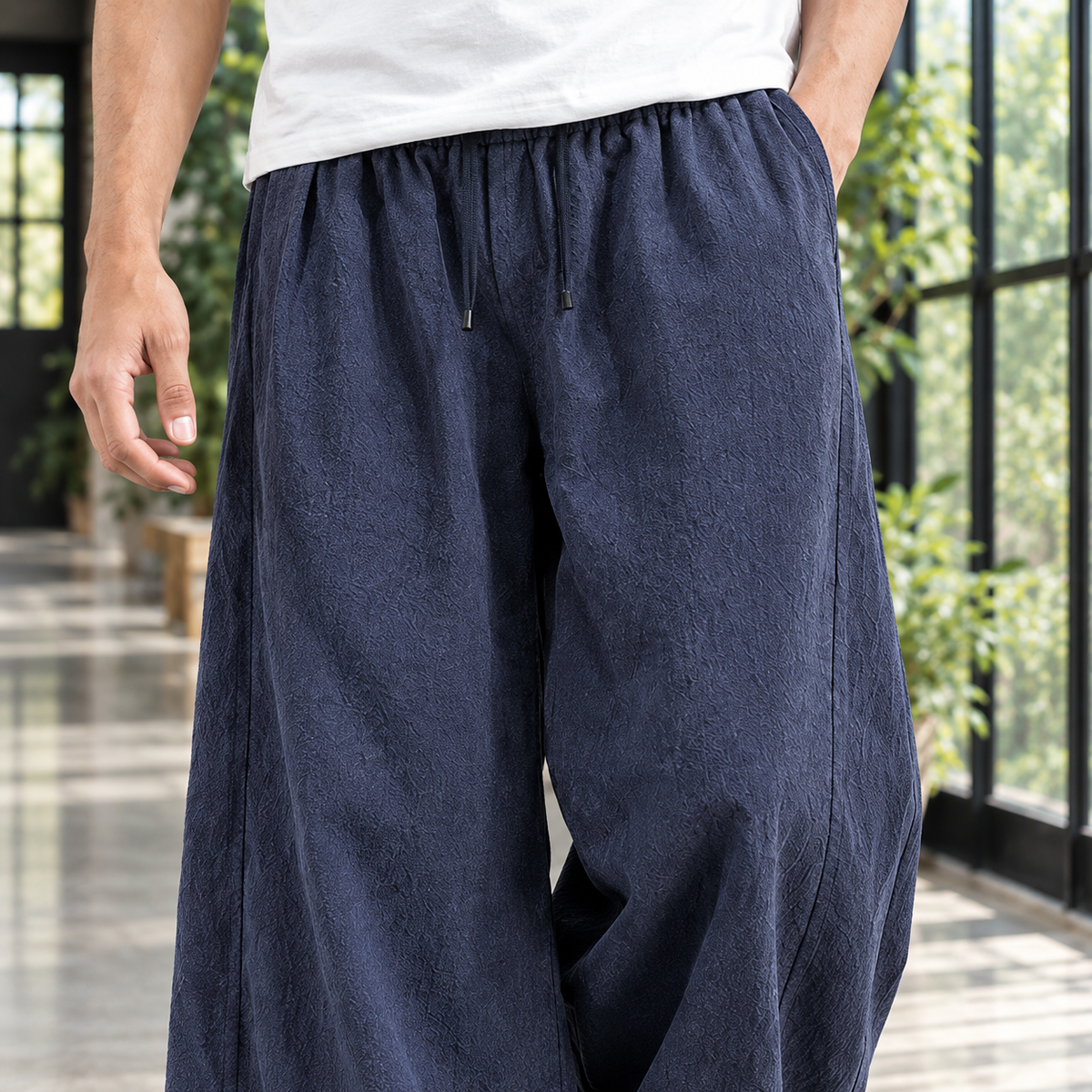 Men Linen Blend Wide Leg Pants