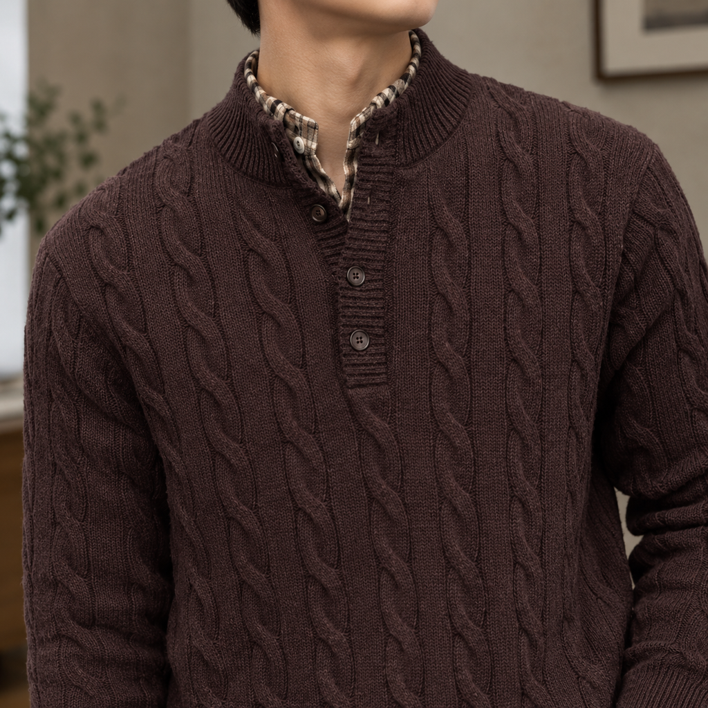 Men Cable Knit Henley Sweater