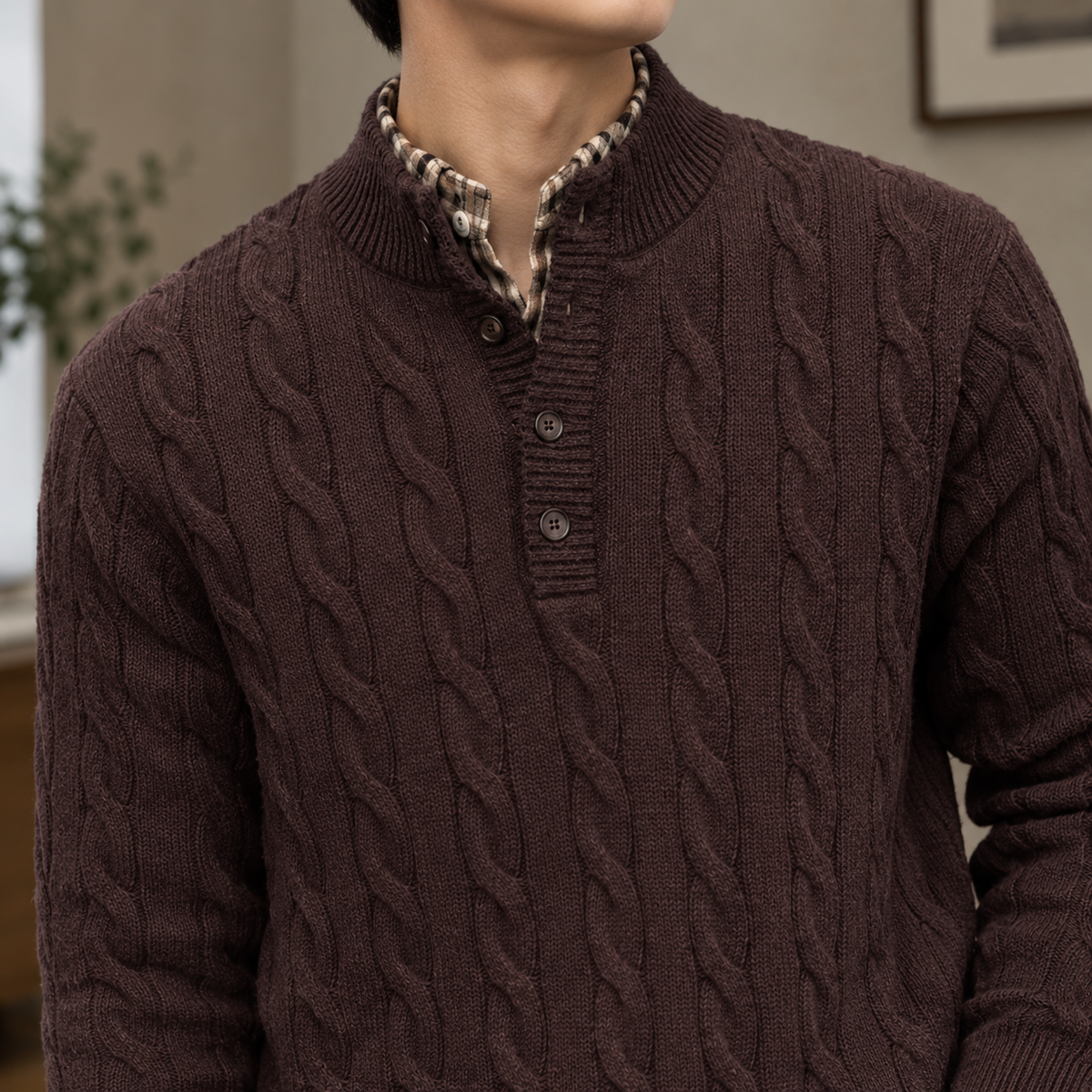 Men Cable Knit Henley Sweater