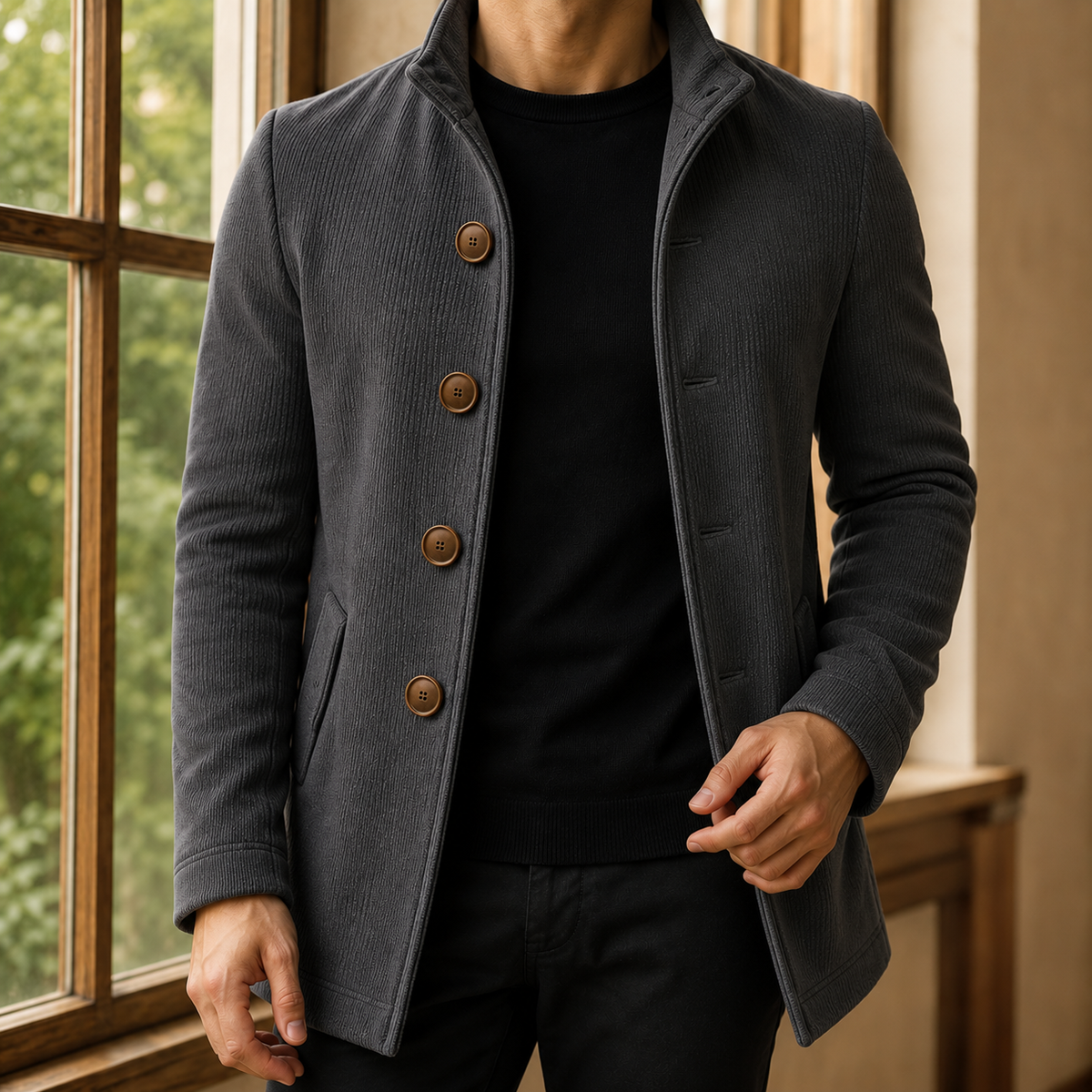 Men Ribbed Stand Collar Coat
