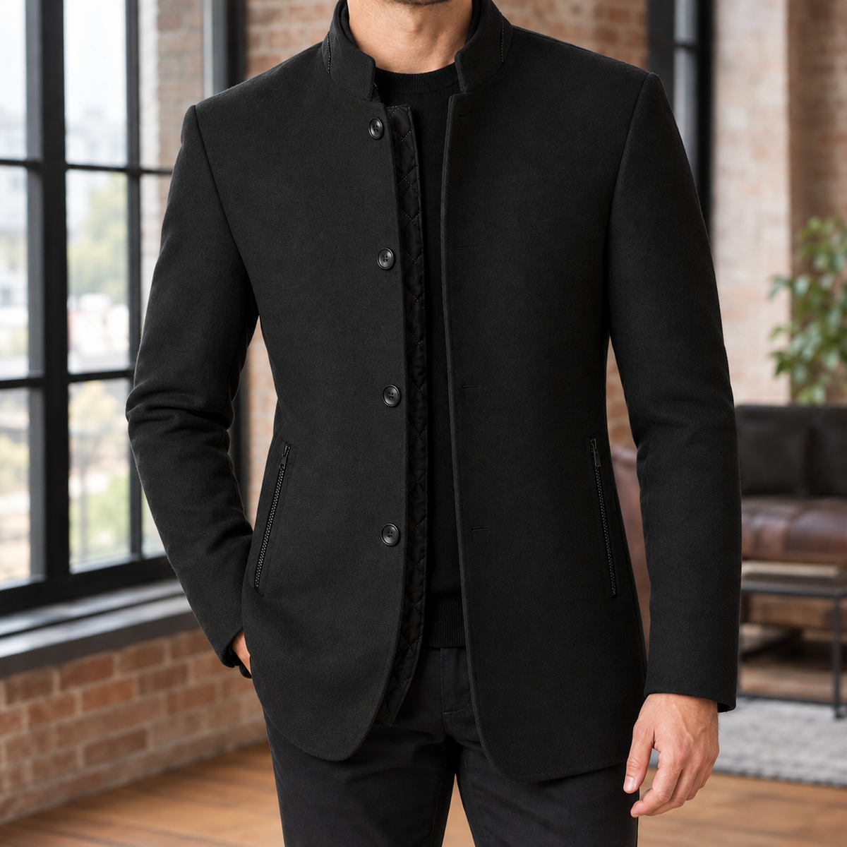 Men Quilted Stand Collar Jacket