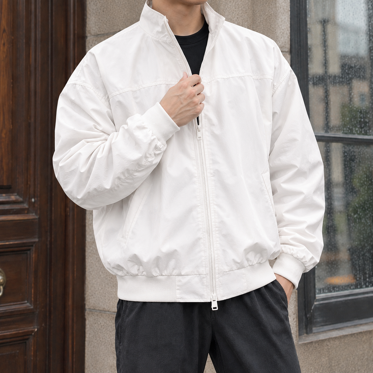 Men Ribbed Stand Collar Jacket