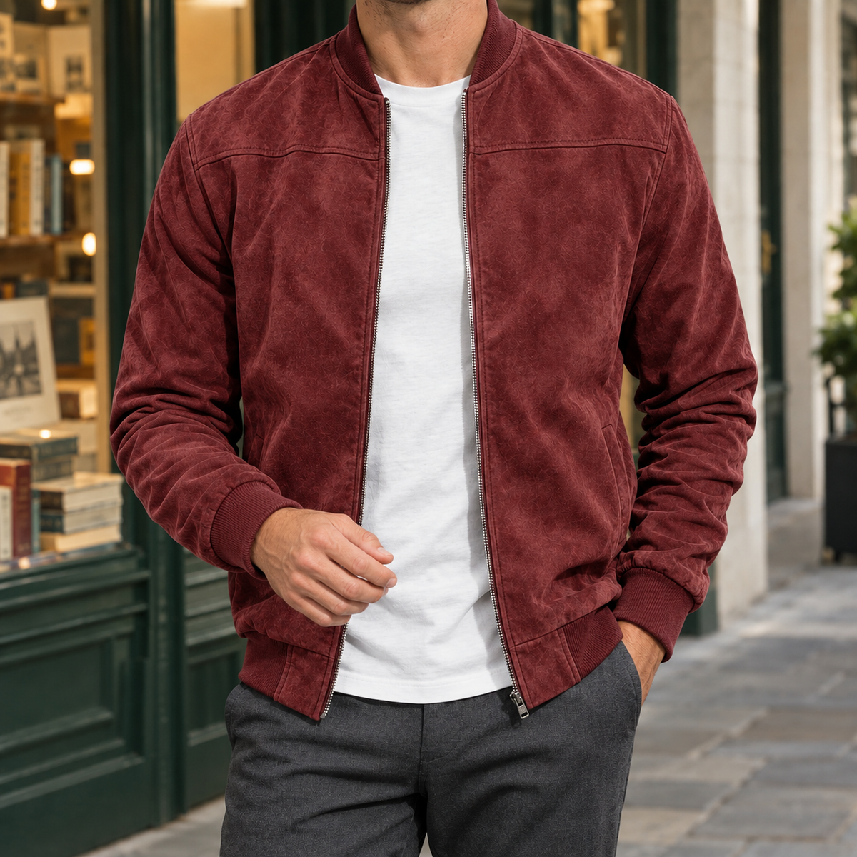 Men Suede Bomber Jacket