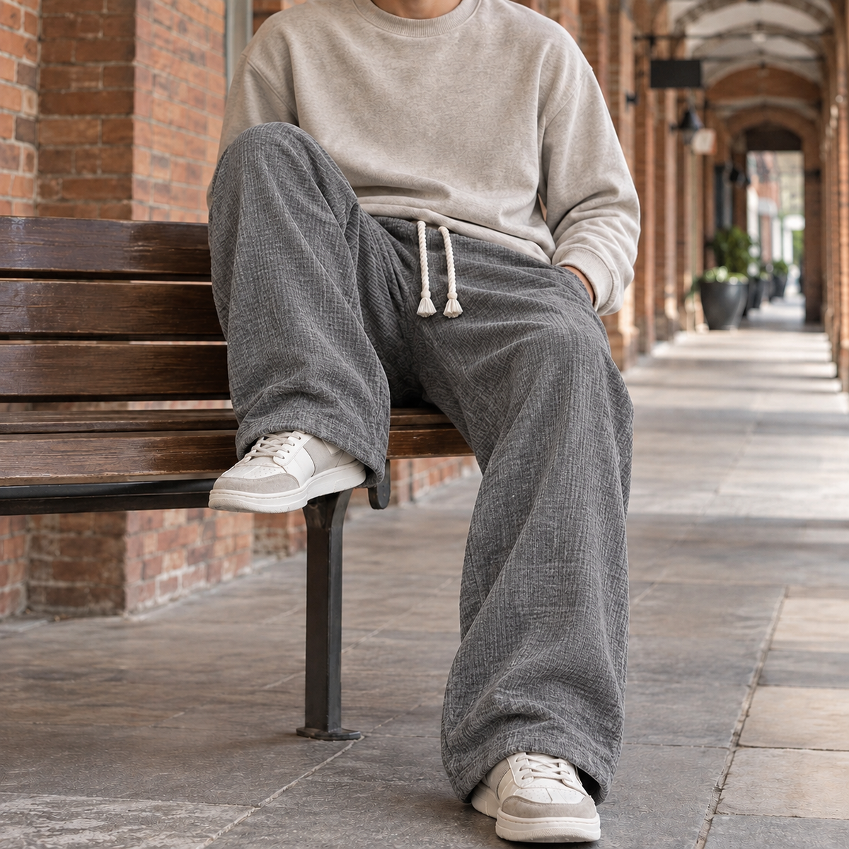 Men Textured Wide Leg Pants