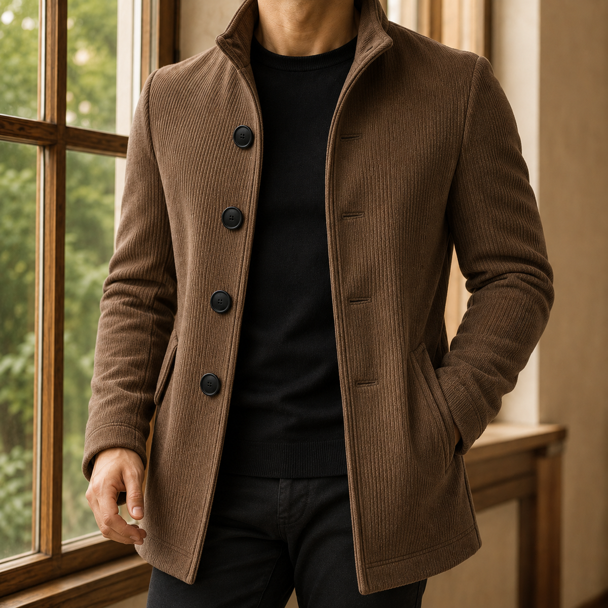 Men Ribbed Stand Collar Coat