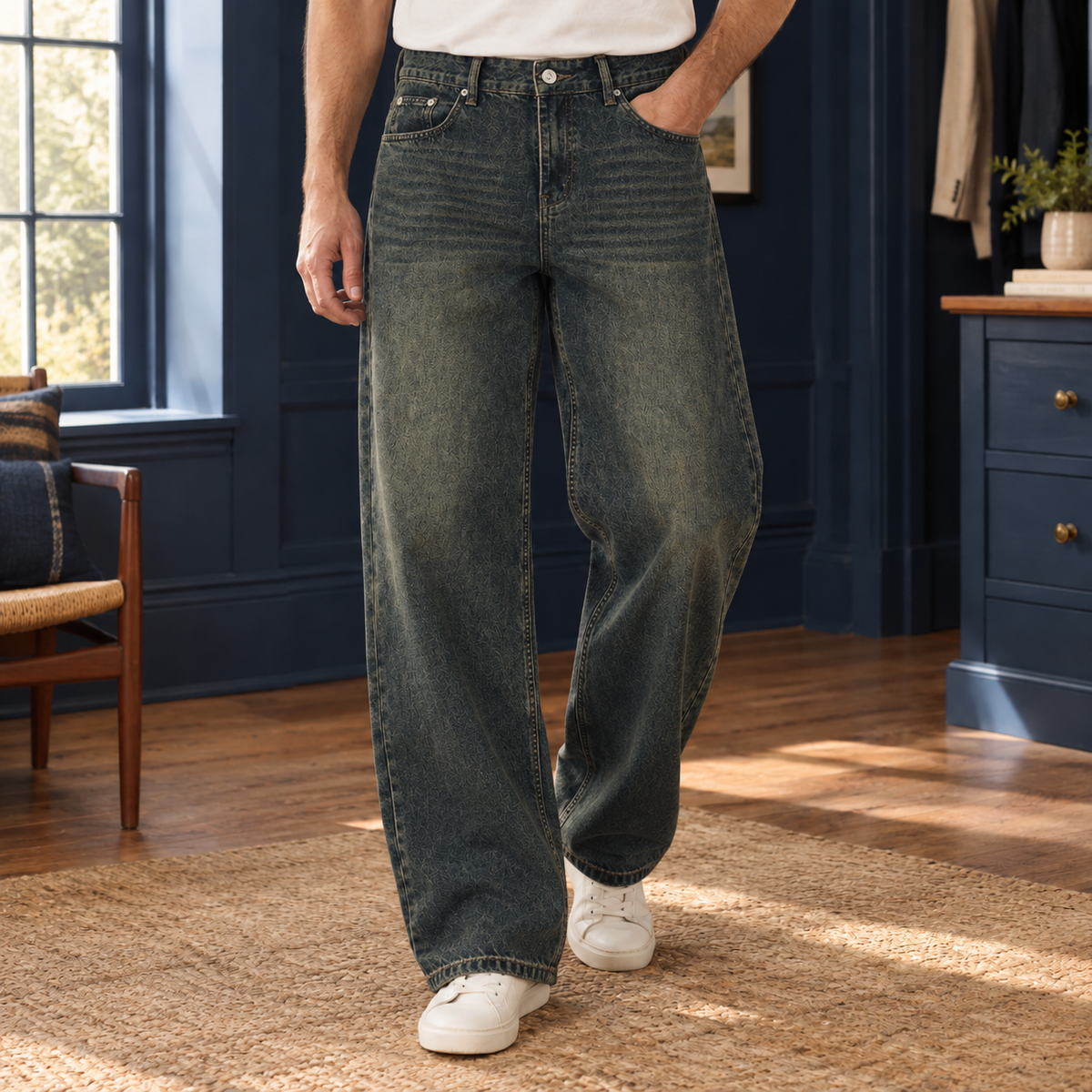 Men High Rise Wide Leg Jeans