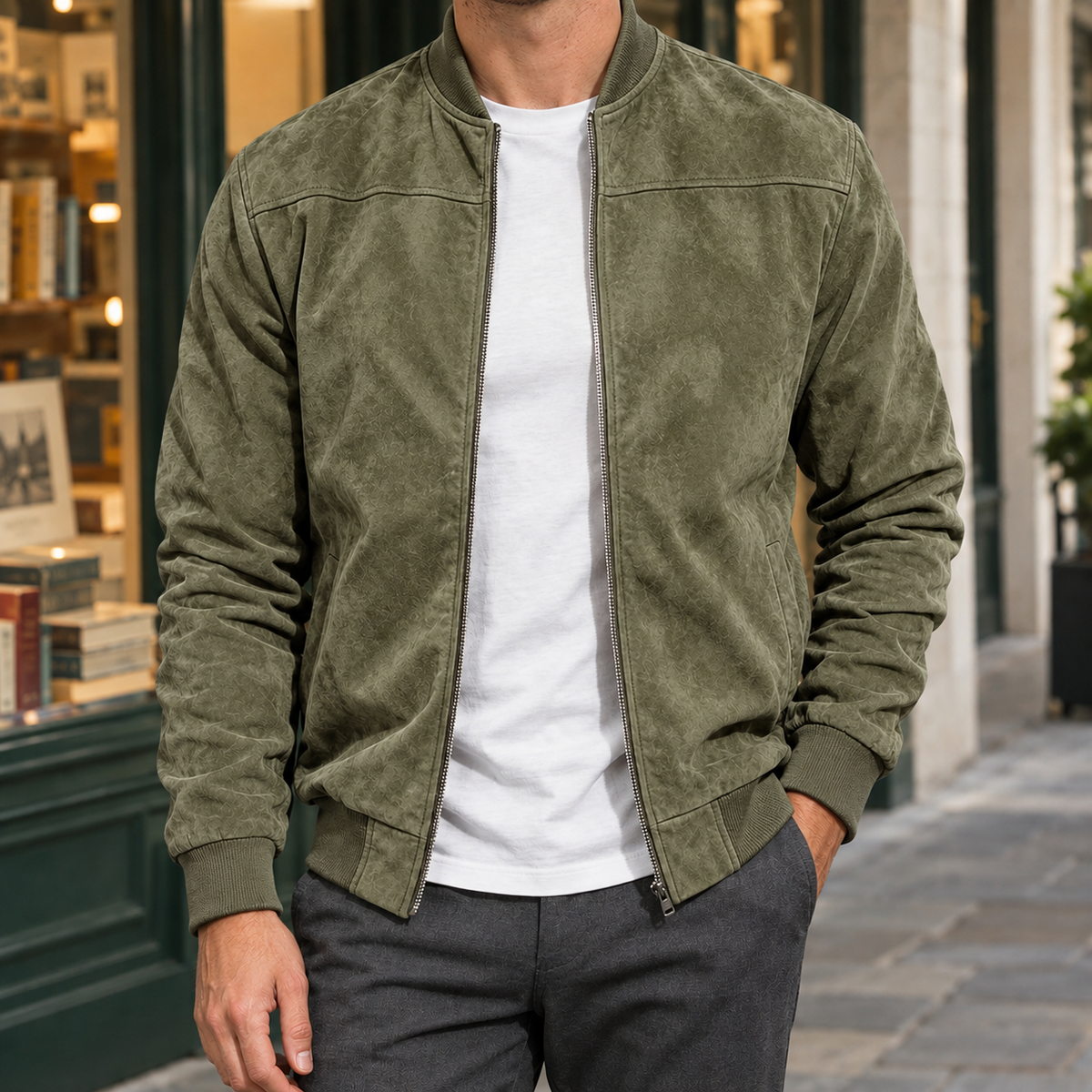 Men Suede Bomber Jacket