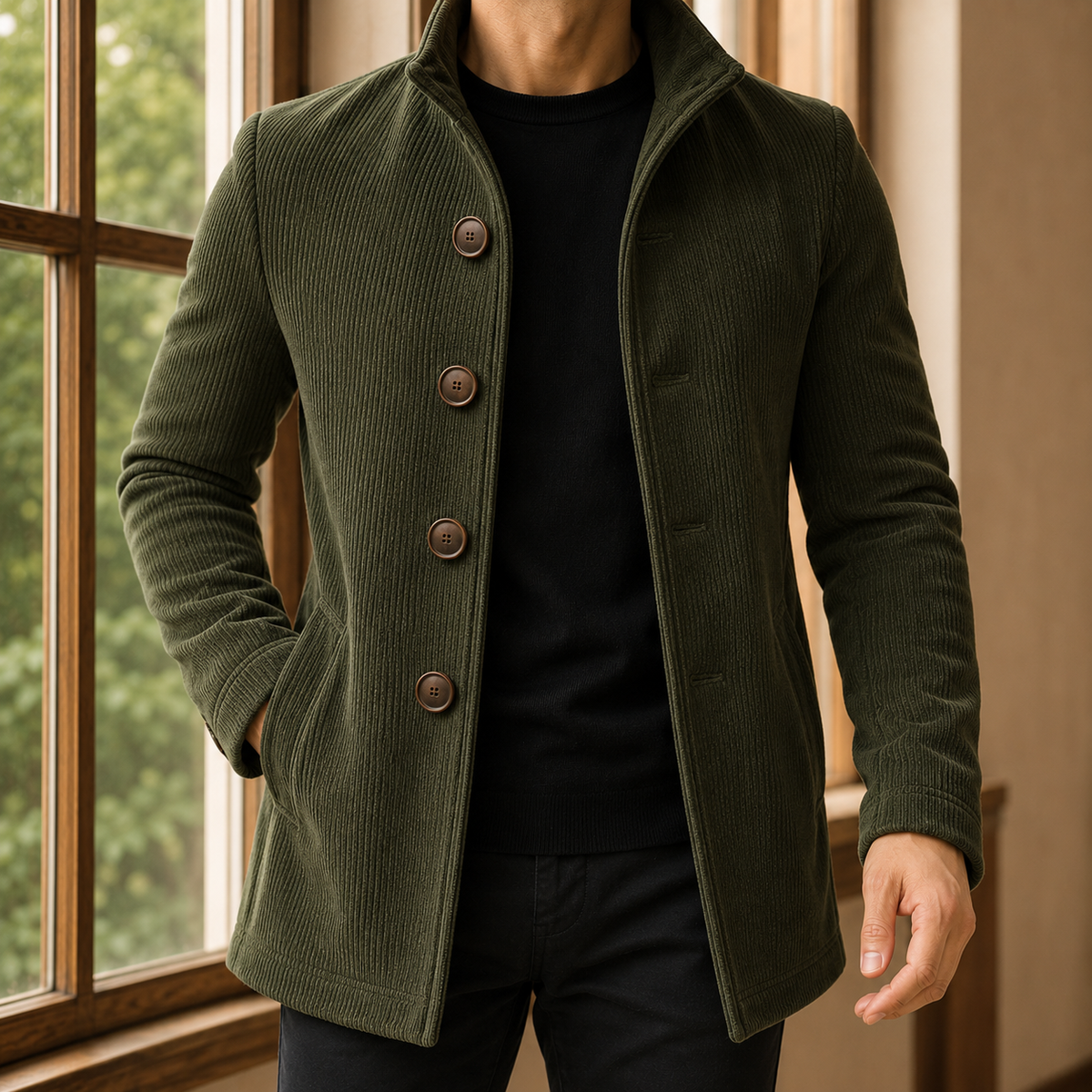 Men Ribbed Stand Collar Coat