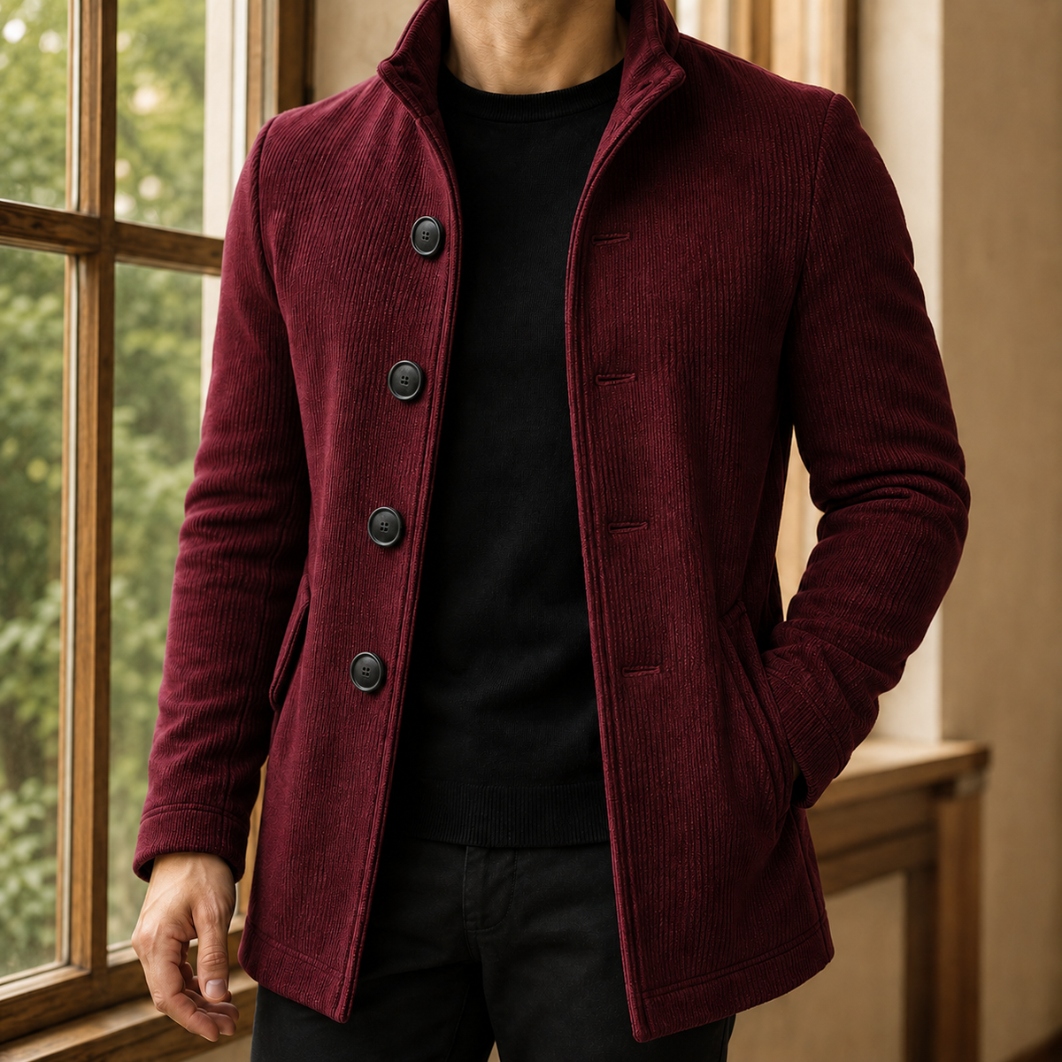 Men Ribbed Stand Collar Coat