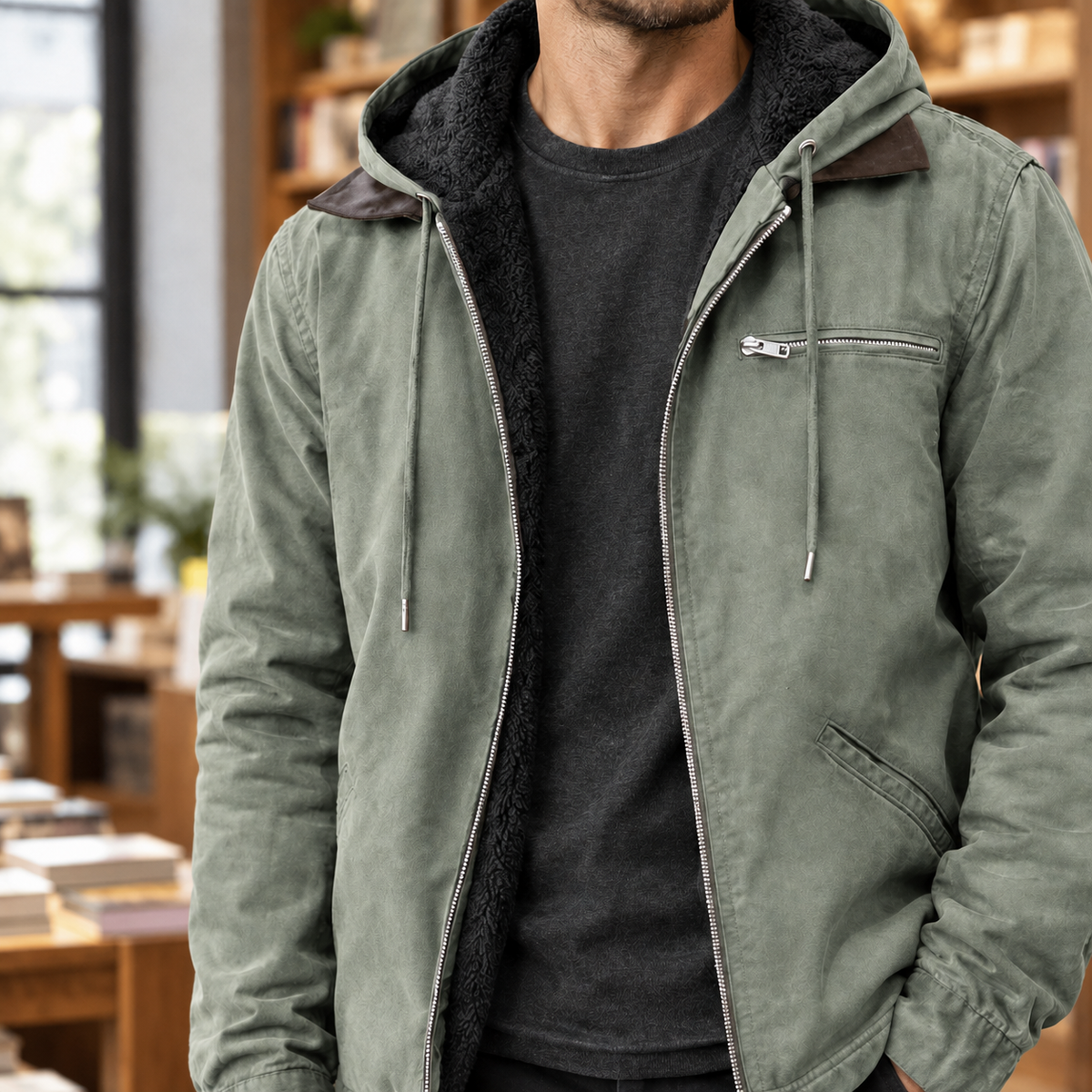 Men Plush Lined Hooded Jacket