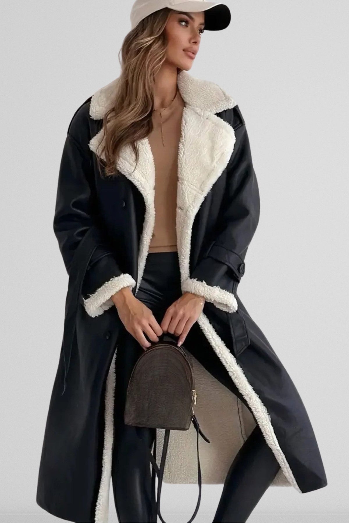 Longline Belted Aviator Coat for Women - Black