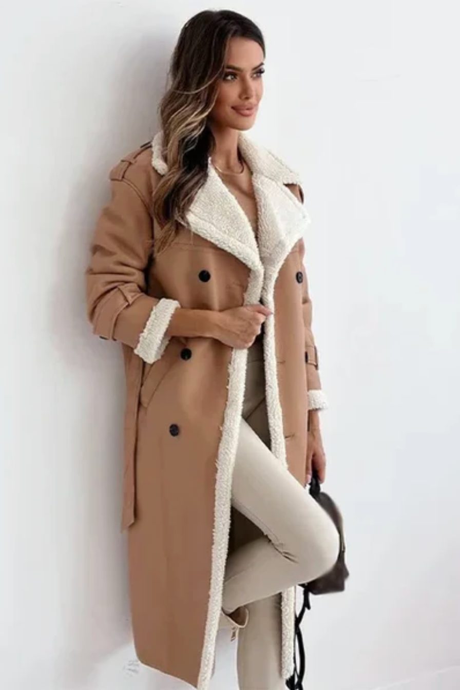 Longline Belted Aviator Coat for Women - Khaki