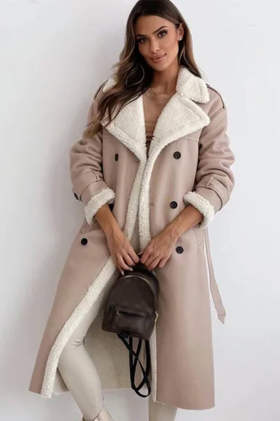 Longline Belted Aviator Coat for Women - Apricot