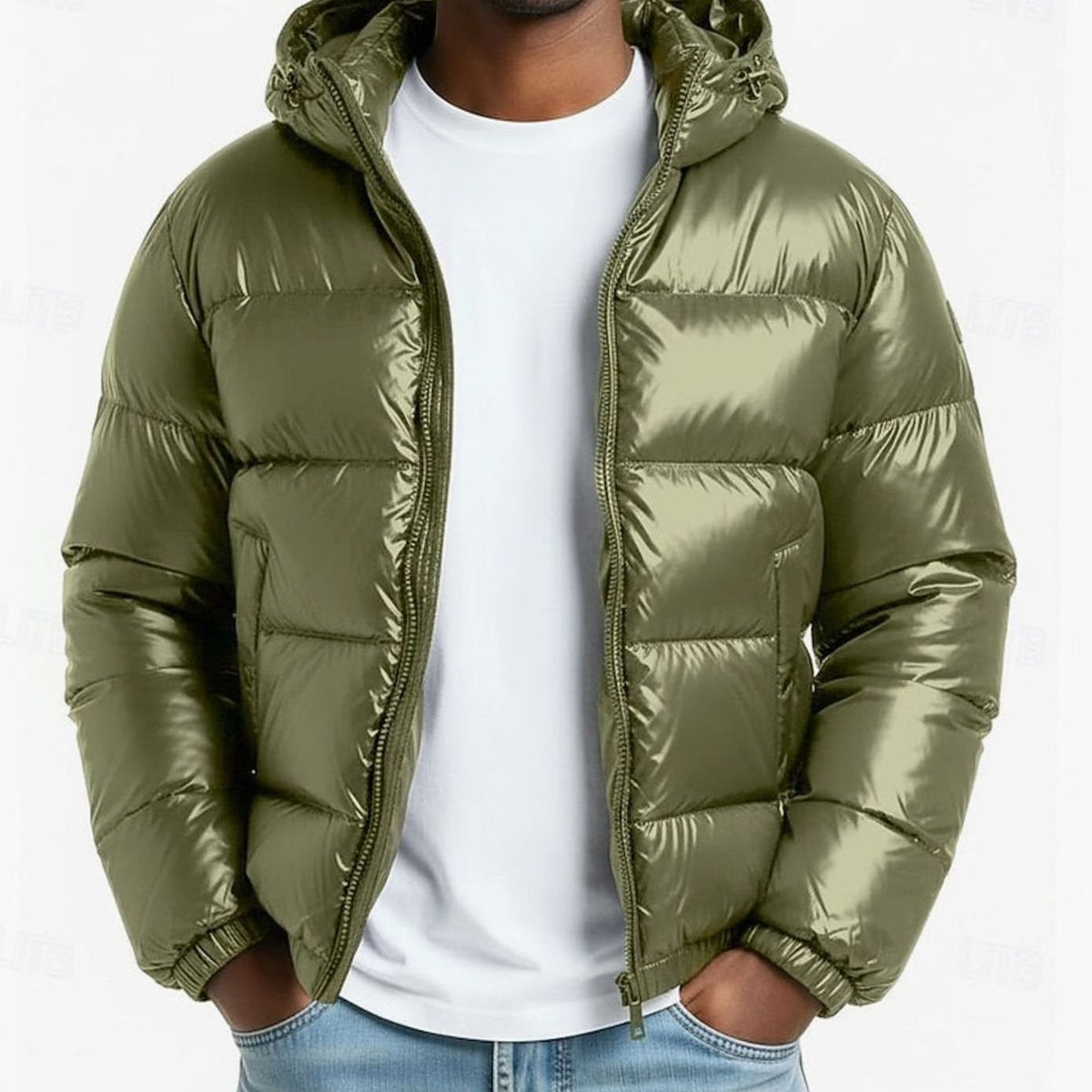 Men's quilted winter puffer jacket with adjustable hood