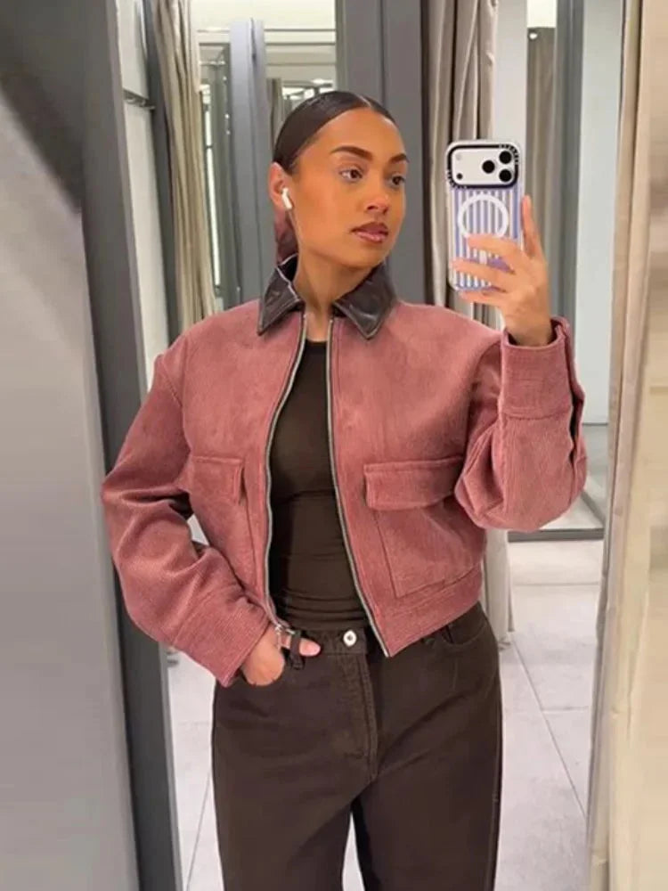 Women's corduroy zip-up collared jacket with buttoned cuffs - Pink