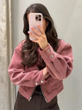 Women's corduroy zip-up collared jacket with buttoned cuffs - Pink