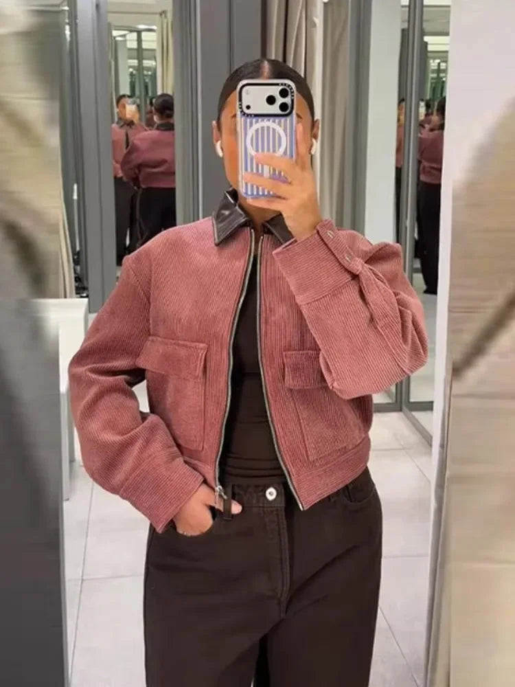Women's corduroy zip-up collared jacket with buttoned cuffs - Pink
