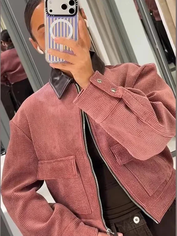 Women's corduroy zip-up collared jacket with buttoned cuffs - Pink