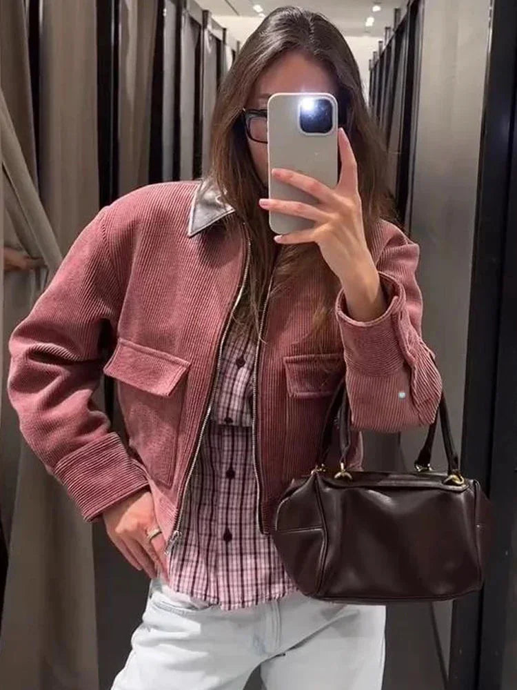 Women's corduroy zip-up collared jacket with buttoned cuffs - Pink