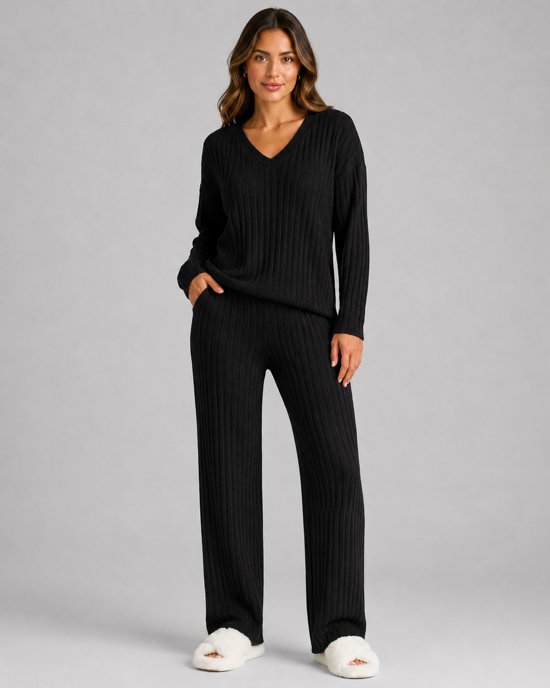 Women 2 Piece Ribbed Knit Lounge Set